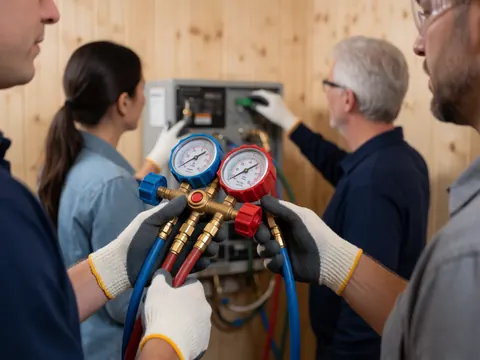 Technicien portant gants et lunettes tient un manomètre pour système HVAC avec tuyaux en arrière-plan sur fond bois.