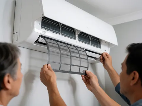 Un technicien retire un filtre à air encrassé d'une unité de climatisation blanche dans un intérieur aux murs gris clair.