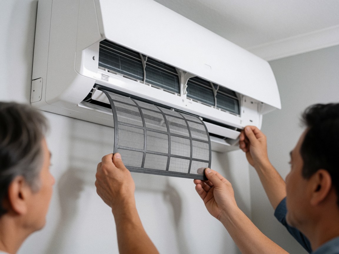 Un technicien retire un filtre à air encrassé d'une unité de climatisation blanche dans un intérieur aux murs gris clair.