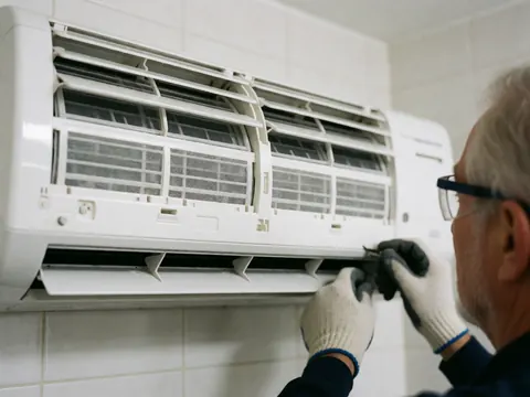 Un technicien portant gants et lunettes de sécurité ajuste le filtre d'un climatiseur mural blanc posé sur des carreaux.