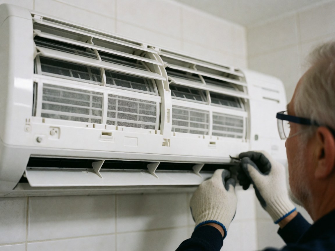 Un technicien portant gants et lunettes de sécurité ajuste le filtre d'un climatiseur mural blanc posé sur des carreaux.