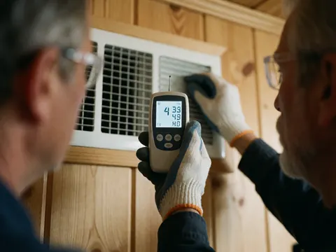 Technicien ganté et protégé par des lunettes mesure la température d'un climatiseur avec un thermomètre digital sur fond de mur en bois clair.