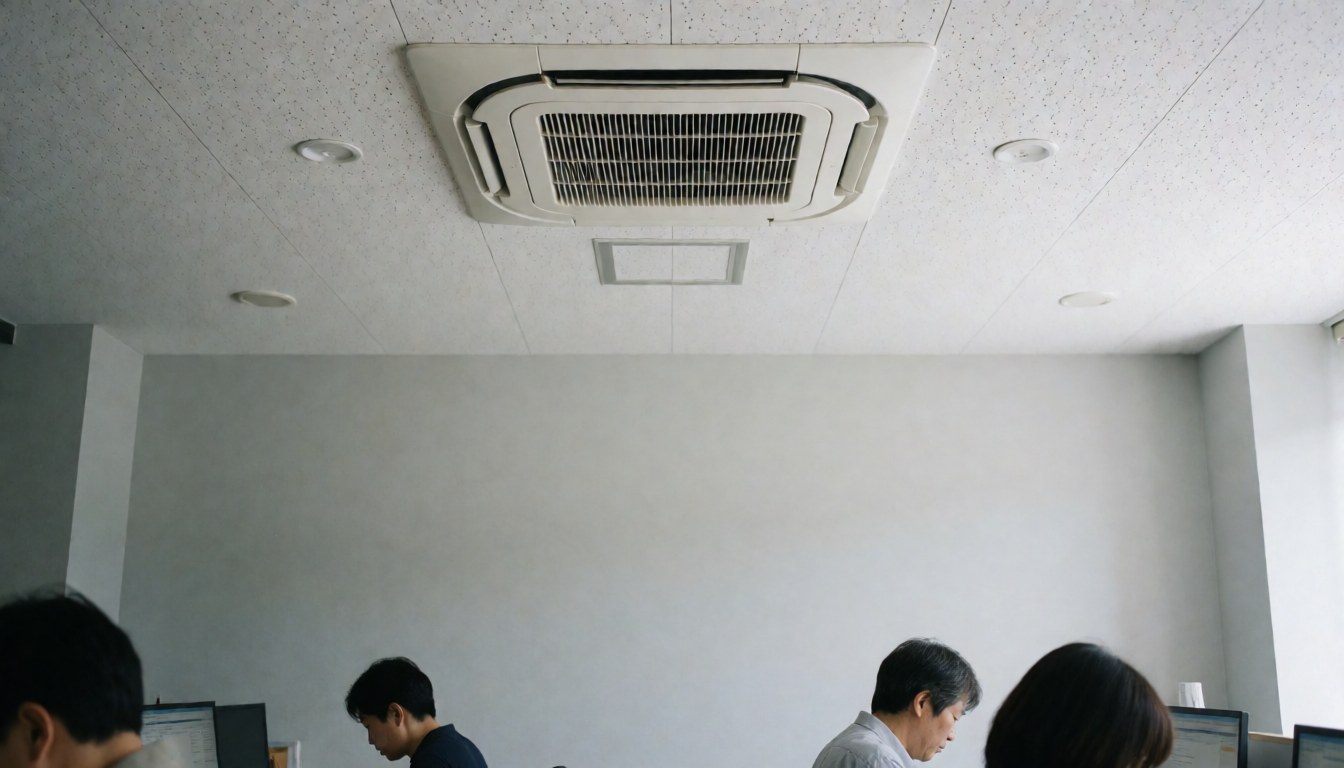 Vue d'un bureau moderne avec une unité de climatisation cassette au plafond, des employés travaillant sur des ordinateurs et des murs gris clair, éclairage naturel.