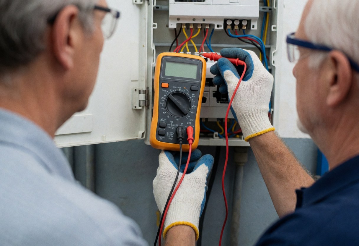 Un technicien équipé de gants et de lunettes mesure la tension sur un panneau électrique ouvert, illustrant une intervention de diagnostic en cours.