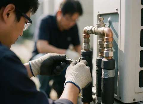 Un technicien équipé de gants et de lunettes ajuste un tube en cuivre sur l'unité extérieure d'un climatiseur, avec des tuyaux isolés et des connexions métalliques visibles.