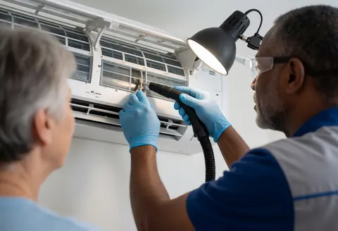 Un technicien en gants et lunettes utilise une lampe pour inspecter le filtre d'un climatiseur tandis qu'un client regarde la prestation.