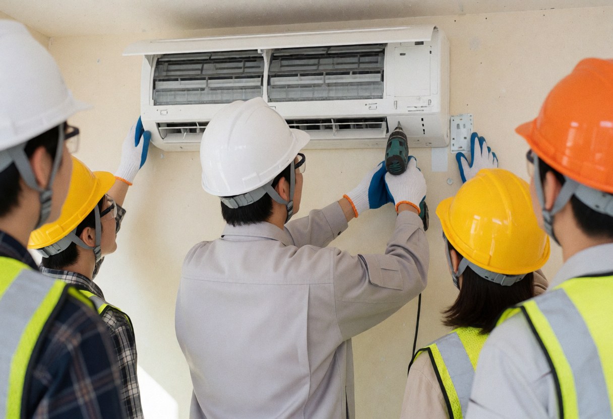 Un technicien en casque et gants utilise une perceuse pour installer une unité de climatisation blanche sur un mur beige, assurant la sécurité lors des travaux.