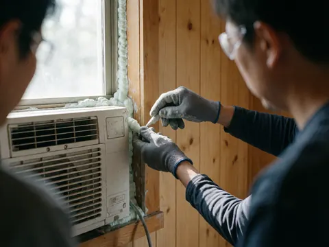 Un technicien en gants et lunettes de sécurité applique de la mousse expansive sur le cadre en bois d'une unité de climatisation.