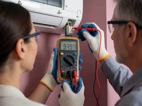 Un technicien en gants et lunettes de sécurité utilise un multimètre digital pour vérifier le voltage d'un terminal électrique de climatisation.