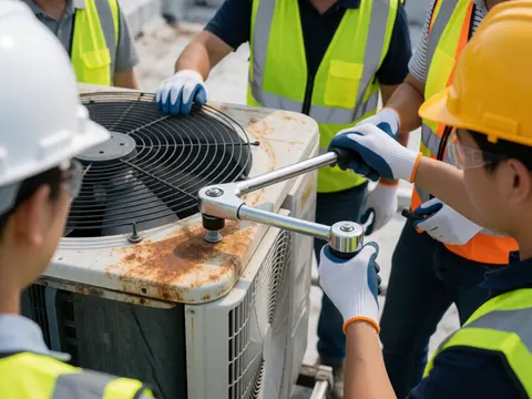 Un technicien en tenue de sécurité ajuste un écrou avec une clé dynamométrique sur une unité de climatisation tandis que d'autres travailleurs observent.