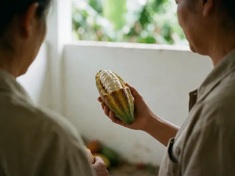 Une main tient une fève de cacao ouverte révélant sa pulpe blanche autour des grains sur fond blanc et végétation tropicale.