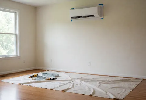 Unité de climatisation fixée sur un mur blanc, entourée d'outils et d'une bâche protectrice blanche posée sur un plancher en bois, éclairée par la lumière du jour.