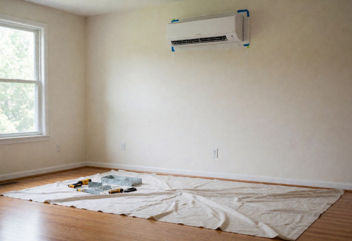 Unité de climatisation fixée sur un mur blanc, entourée d'outils et d'une bâche protectrice blanche posée sur un plancher en bois, éclairée par la lumière du jour.