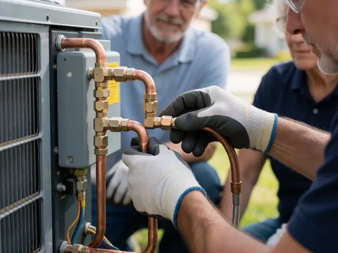 Des techniciens portant gants et lunettes de sécurité branchent des tuyaux en cuivre sur un compresseur de climatisation extérieur, avec des câbles électriques visibles.