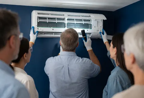 Un technicien en gants et lunettes de sécurité inspecte une climatisation ouverte sur un mur bleu foncé, tandis que des personnes observent le service de maintenance.