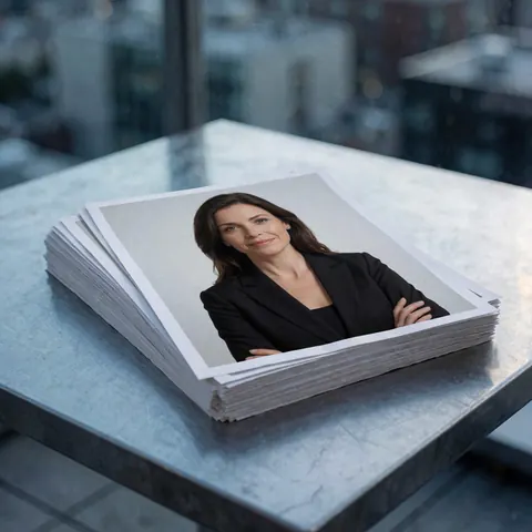 Plusieurs portraits imprimés d'une femme en blazer noir posés sur une surface métallique avec un arrière-plan urbain flou.