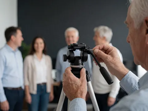 Des mains ajustent avec précision la tête d'un trépied pour des photos d'équipe en bureau, sur fond flou de personnes.