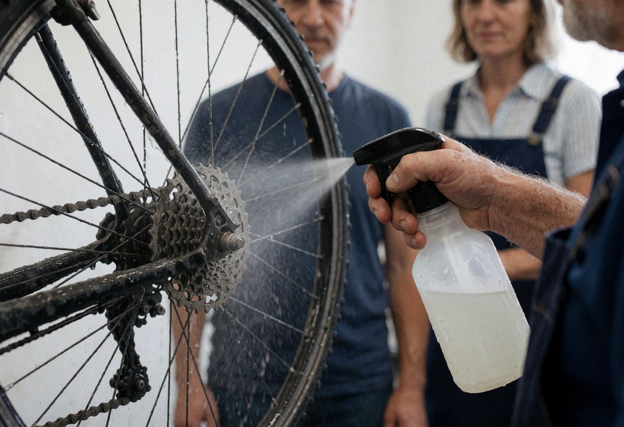Un mécanicien en atelier de réparation de vélos applique un produit d'entretien sur la chaîne d'un vélo, tandis que deux personnes observent la prestation de service en arrière-plan.
