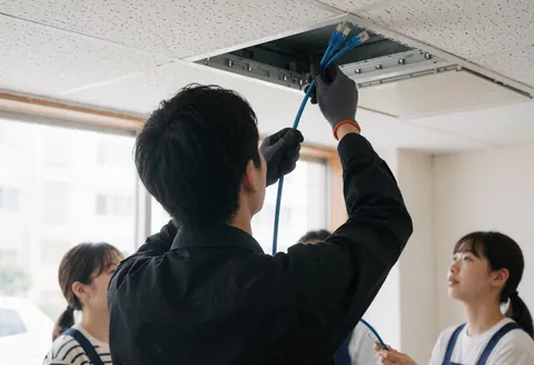 Un technicien pose un câble Ethernet bleu sur un panneau de plafond dans un bureau moderne, tandis que des personnes observent la prestation de service.