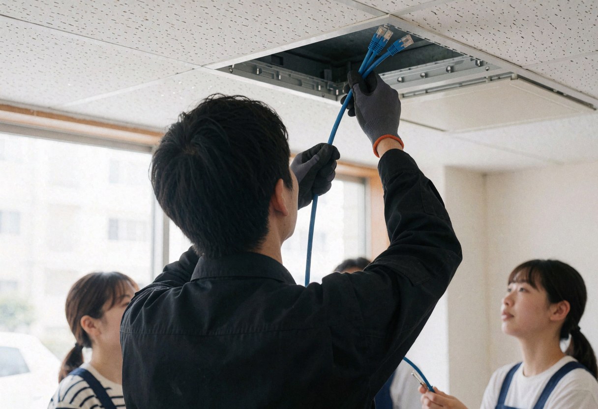 Un technicien pose un câble Ethernet bleu sur un panneau de plafond dans un bureau moderne, tandis que des personnes observent la prestation de service.