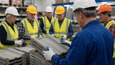 Équipe de travail vérifiant des tuiles en béton dans un entrepôt industriel, portant casques et gilets réfléchissants pour la réparation de toitures.