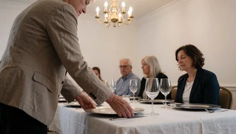 Un coordinateur d'événements règle un plat sur une table dressée avec nappes blanches, verres à vin et clients dans un salon lumineux.