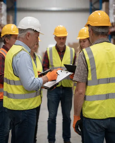 Groupe de travailleurs en entrepôt portant casques et gilets, examinant un tableau de plans, scène réaliste de logistique industrielle.