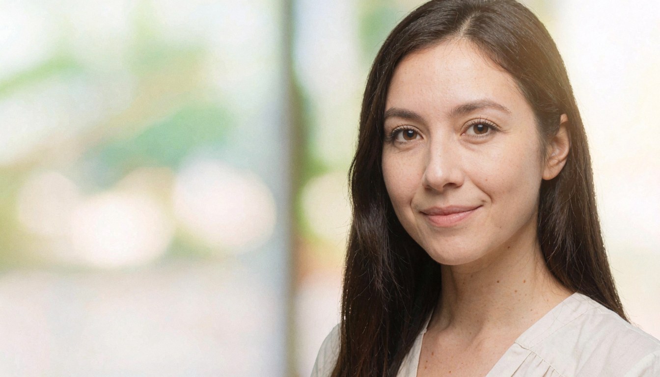 Portrait d'une femme souriante portant une chemise blanche avec un arrière-plan flou aux lumières douces, adapté au contexte professionnel.