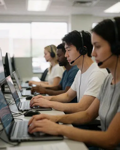 Agents de support travaillant sur des ordinateurs portables avec des casques dans un centre d'appels moderne avec lumière naturelle.