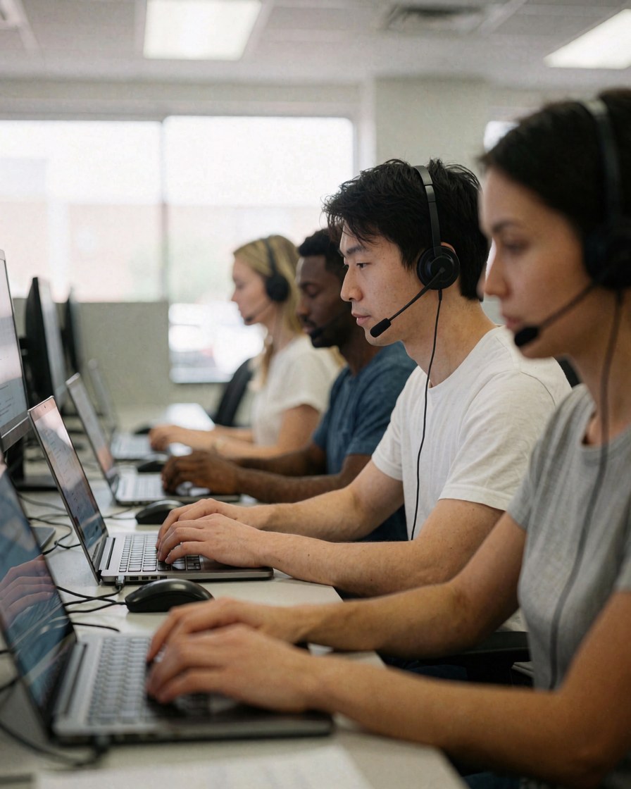 Agents de support travaillant sur des ordinateurs portables avec des casques dans un centre d'appels moderne avec lumière naturelle.