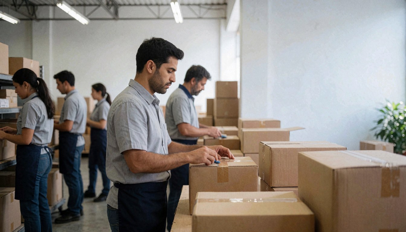 Des travailleurs en entrepôt organisent des cartons avec des étiquettes, sous un éclairage industriel et des murs blancs.