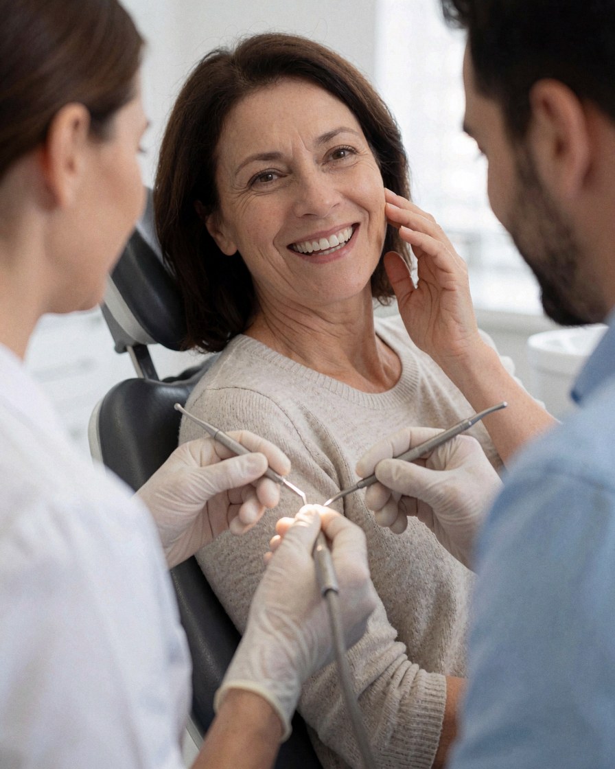 Dentiste portant des gants examine une cliente souriante assise sur un fauteuil dentaire dans une clinique propre avec des instruments visibles.