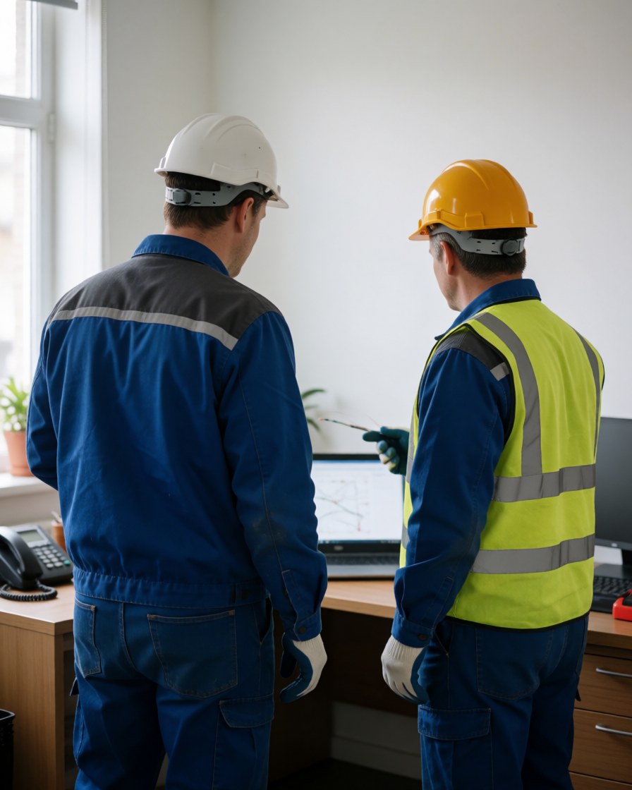 Deux techniciens en casques et gilets de sécurité consultent un plan sur un ordinateur portable posé sur une table en bois dans un bureau lumineux.