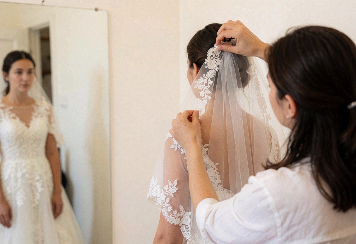 Une main ajuste délicatement le voile d'une mariée devant un miroir dans une pièce aux murs blancs et à la lumière naturelle.