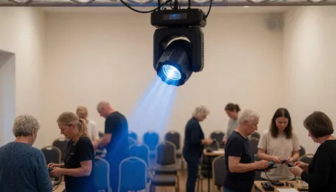 Un projecteur émettant une lumière bleue est fixé sur une structure de truss au plafond, éclairant une salle de réception avec des chaises vides et du personnel ajustant les commandes.