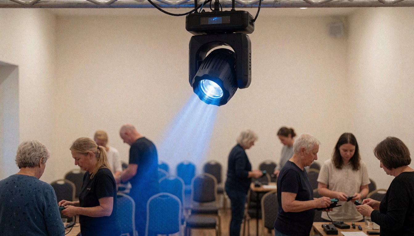 Un projecteur émettant une lumière bleue est fixé sur une structure de truss au plafond, éclairant une salle de réception avec des chaises vides et du personnel ajustant les commandes.
