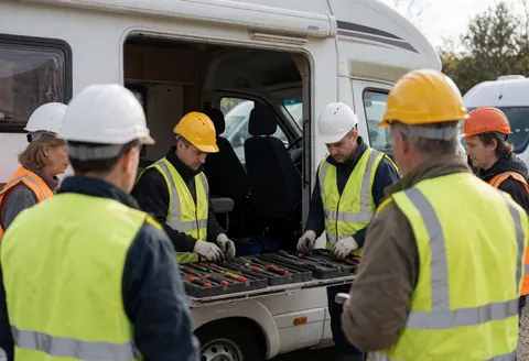 Équipe de mécaniciens portant des casques et des gilets de sécurité vérifiant des outils à l'arrière d'un camping-car blanc dans un atelier extérieur.