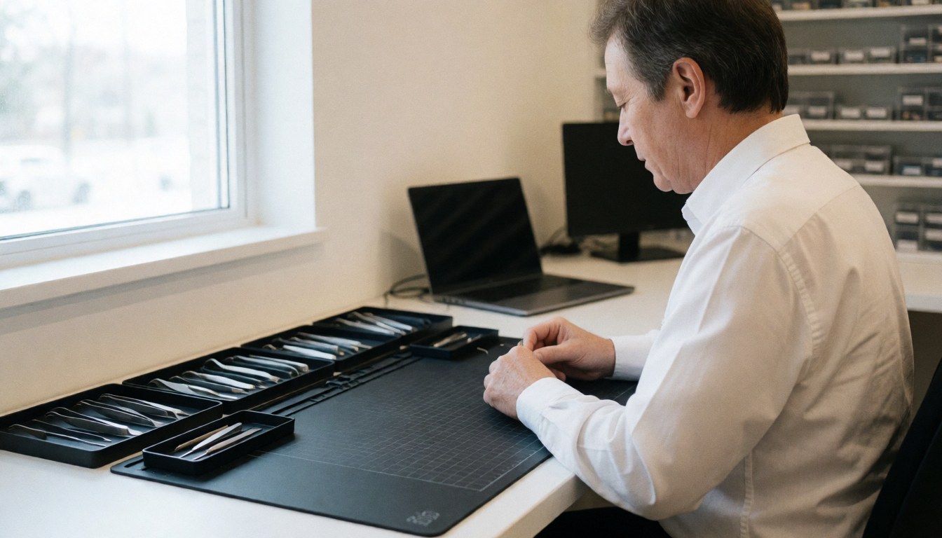 Un technicien répare de l'électronique sur une table anti-statique équipée de pinces, avec des composants visibles sur les étagères éclairés par la lumière naturelle.