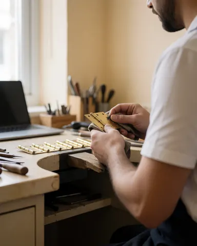 Un artisan polissant des éléments en bronze dans un atelier de restauration de meubles, entouré d'outils et baigné de lumière naturelle.