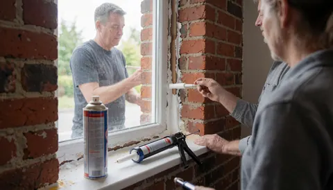 Deux installateurs de fenêtres posent une fenêtre avec de la mousse expansée sur un mur en briques rouges, outils et produits visibles.