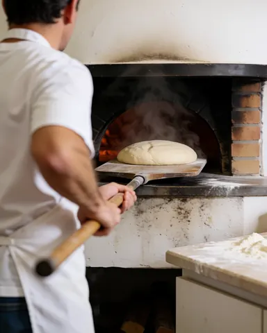 Un boulanger en tablier blanc place de la pâte à pain de campagne dans un four en brique émettant de la fumée, une table avec de la farine est visible à côté.