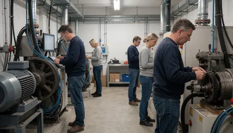 Des techniciens effectuent la réparation d'ascenseurs dans un atelier industriel avec de grands moteurs et des câbles bleus organisés.