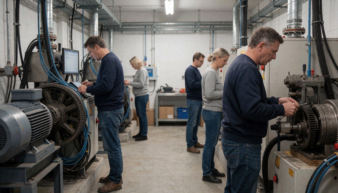 Des techniciens effectuent la réparation d'ascenseurs dans un atelier industriel avec de grands moteurs et des câbles bleus organisés.
