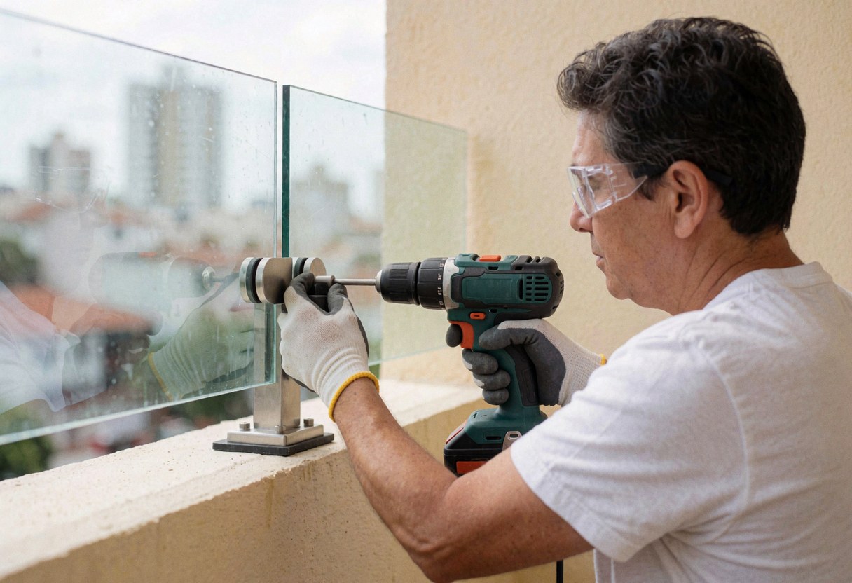 Un technicien pose un panneau de verre sur un balcon en utilisant une perceuse électrique, devant un mur beige et une vue urbaine.