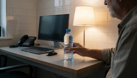 Une main saisit une bouteille d'eau posée sur un bureau dans un apart-hotel, avec des murs carrelés blancs et un ordinateur sous une lumière chaude.