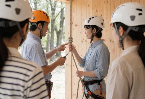 Un instructeur montre comment faire un nœud de corde à une cliente équipée d'un casque et d'un harnais dans un parc de aventure.