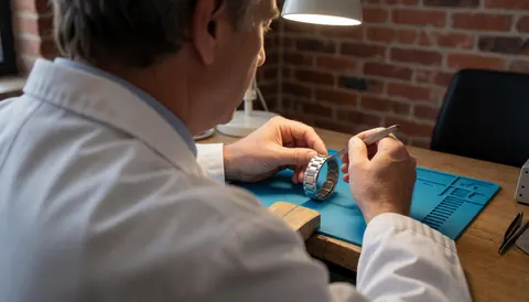 Un horloger en blouse blanche ajuste un bracelet en acier inoxydable sur un support bleu dans un atelier aux murs de briques.
