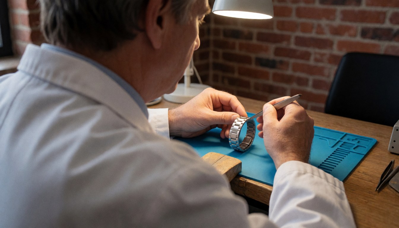 Un horloger en blouse blanche ajuste un bracelet en acier inoxydable sur un support bleu dans un atelier aux murs de briques.
