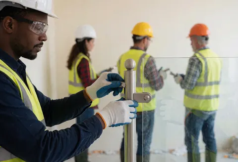 Un technicien casqué et ganté ajuste un support métallique sur une rampe en verre, avec d'autres travailleurs en arrière-plan.