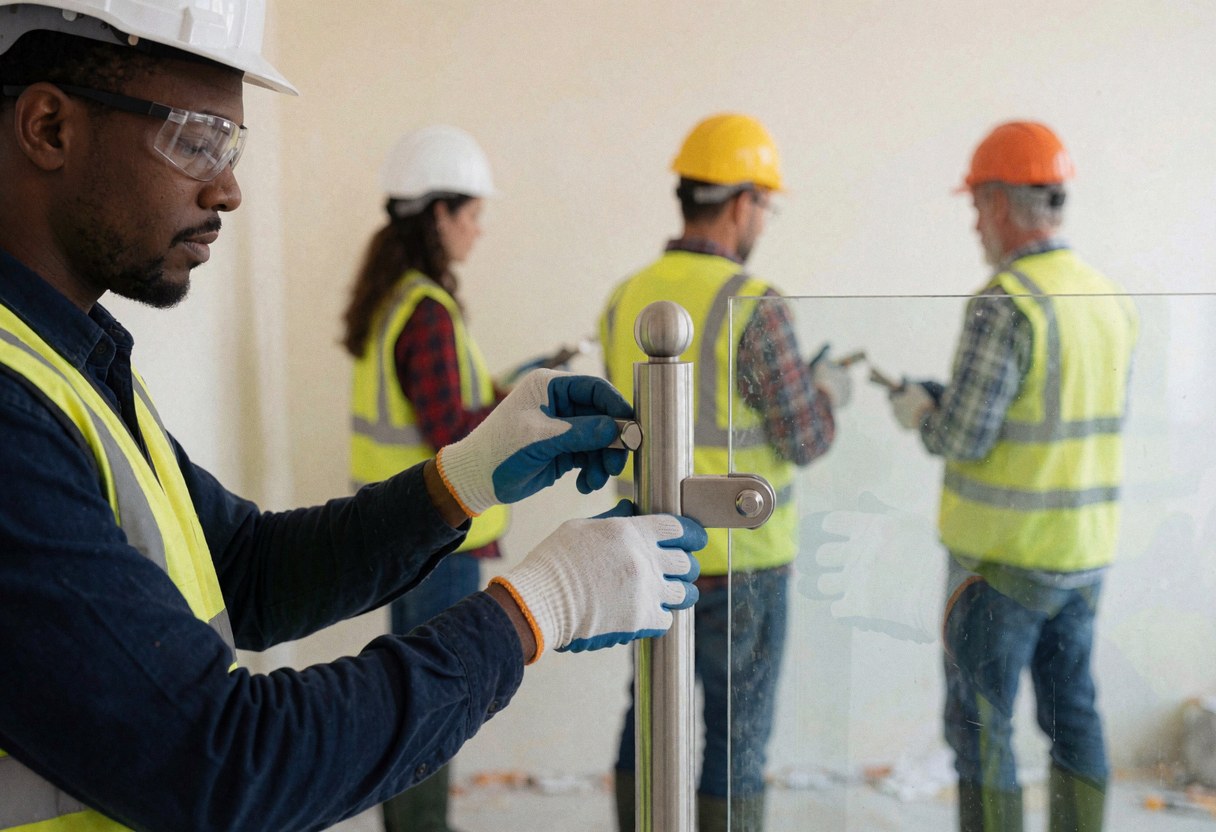 Un technicien casqué et ganté ajuste un support métallique sur une rampe en verre, avec d'autres travailleurs en arrière-plan.